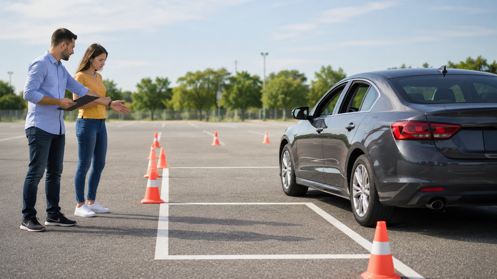 Learner practicing parking maneuvers with cones in a training lot