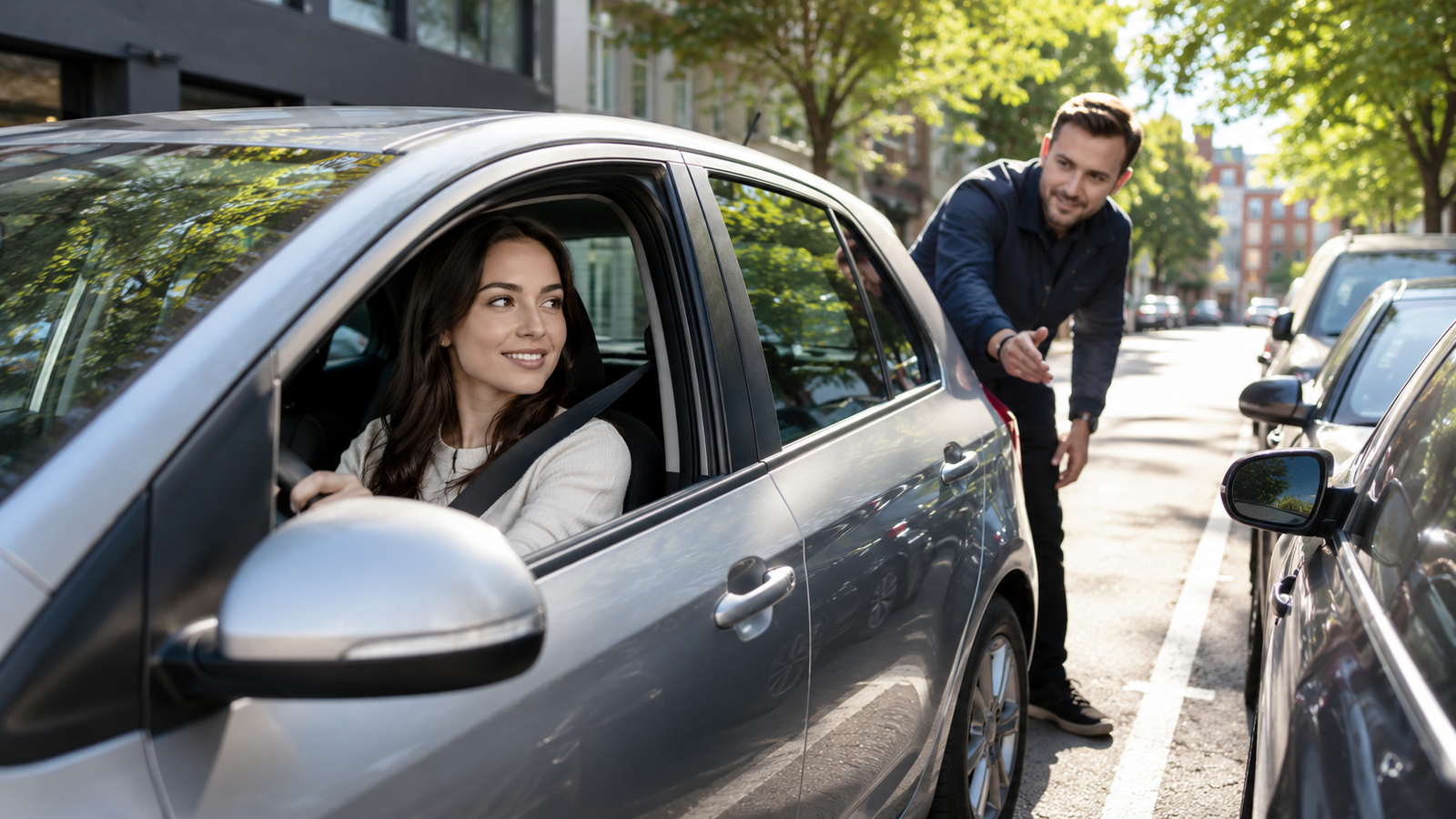 Driving instructor guiding a learner through street parking practice