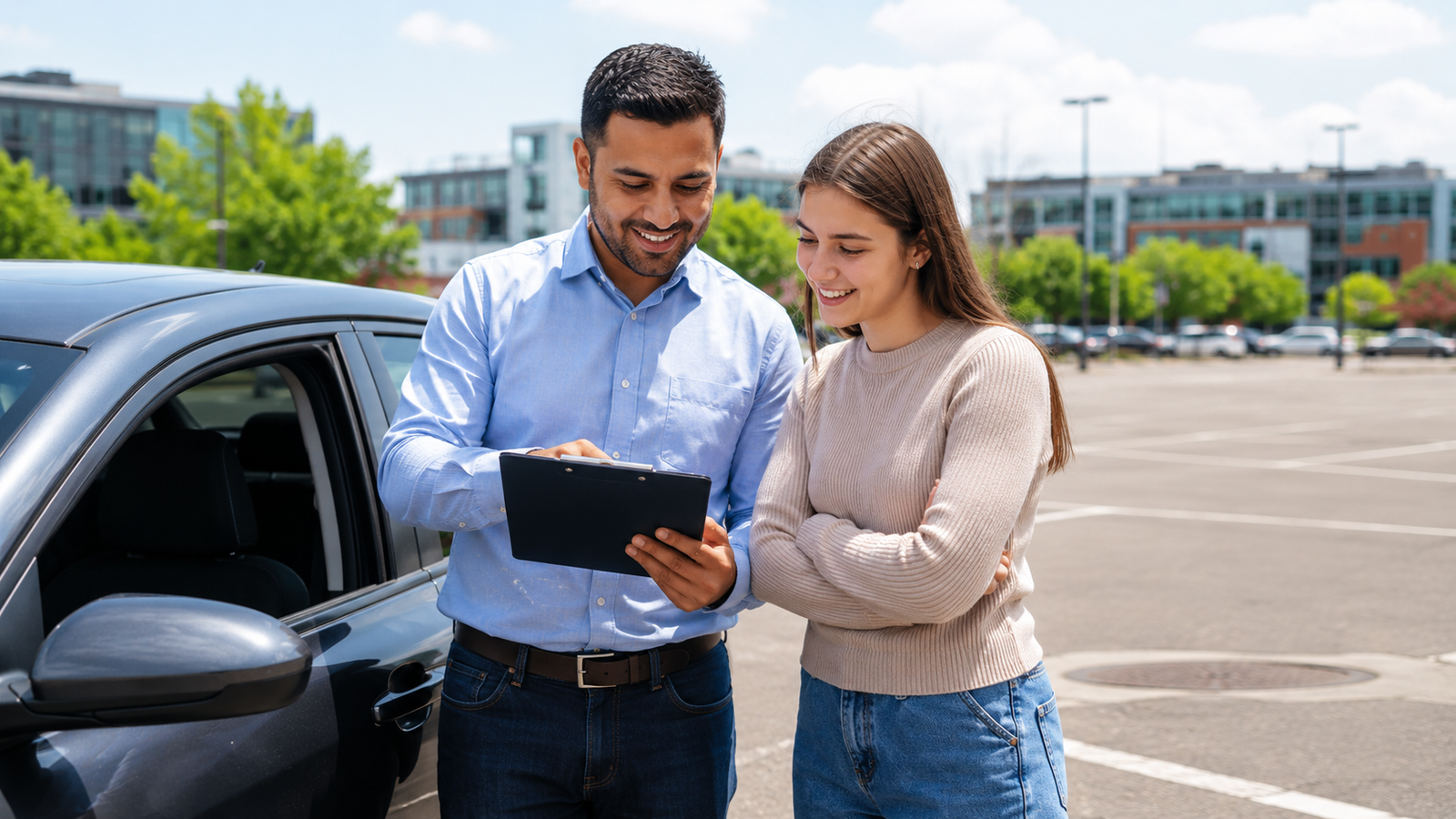 Driving instructor explaining parking lesson steps beside a car in a sunny lot